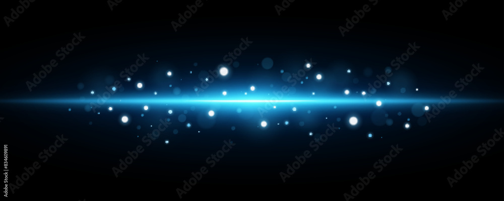 Poster abstract explosion on the horizon into space with glowing particles isolated on black background. bi