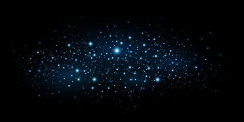 Flying blue magical dust with bright lights bokeh isolated on black background. Abstract glowing particles. Light effect. Vector illustration. EPS 10.