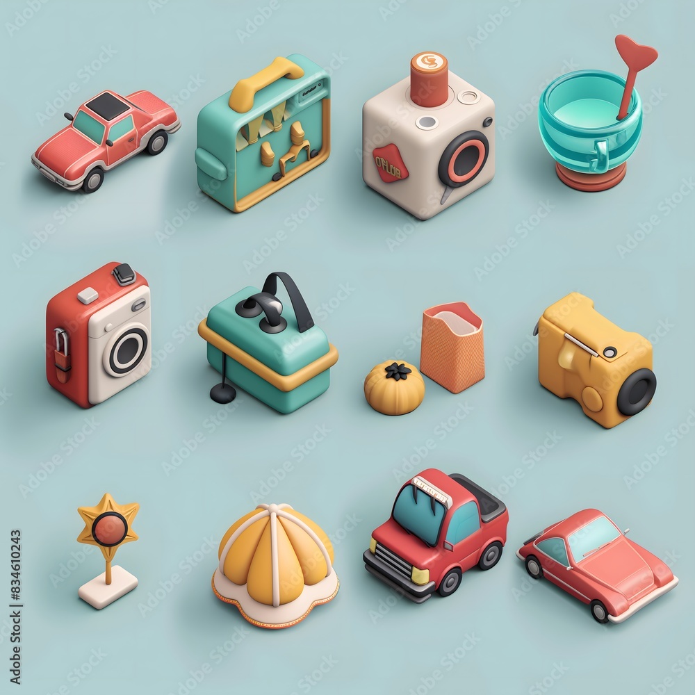 Aufkleber 11. design a sticker set with various objects transformed into 3d icons, arranged on a single page w
