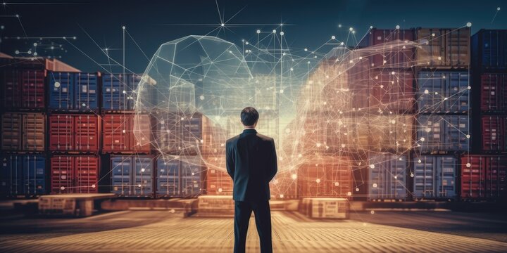 Double exposure of businessman and graph growth of business with world map of transportation and logistics network distribution and trucks of a industrial cargo freight for shipping. import-export