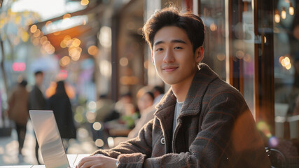 a young good looking asian man looking seated in a cafe, looking out of the cafe, smiling, laptop on the table he is sitting, it is brightly lit outside the cafe, with afternoon sun and flare