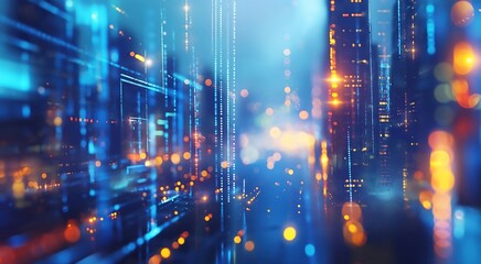 Obraz premium Futuristic Cityscape at Night: Illuminated Skyscrapers with Digital Glow