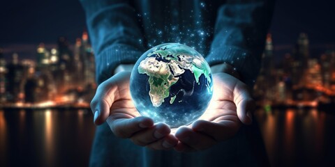 Fototapeta premium Earth at night was holding in human hand, Earth day, Energy saving concept,