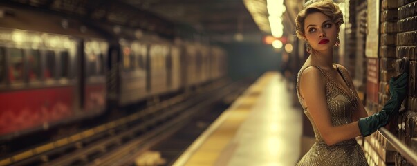 Fototapeta premium A chic lady in a glamorous dress and gloves waits at the edge of the platform, the vintage station enhancing her sophisticated allure