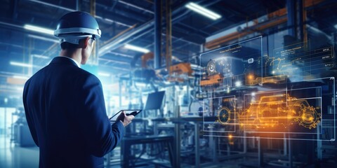 Technician manager, Industrial engineer control robotics on monitoring system software and icon industry network connection on tablet. Automation robot arm machine in smart factory