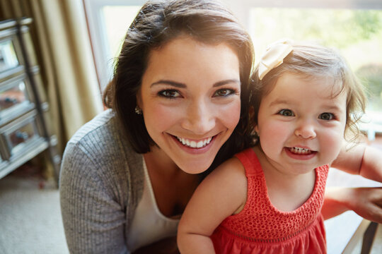 Mom, toddler and girl with selfie in house for memory with care, love and connection with photography. Profile picture, mother and daughter with bonding in portrait, relax and happy in family home