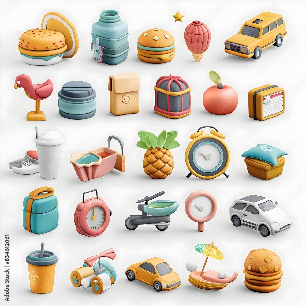 Poster 15. produce a diverse sticker set showcasing various objects transformed into captivating 3d icons, 