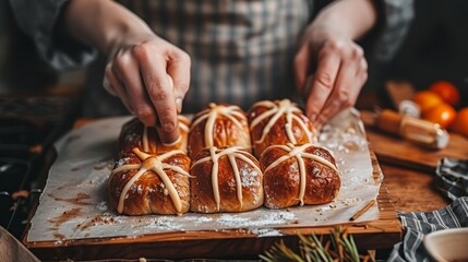  A person decorates hot dogs with icing on a cutting board Nearby, a bowl and a plate of oranges sit on the table