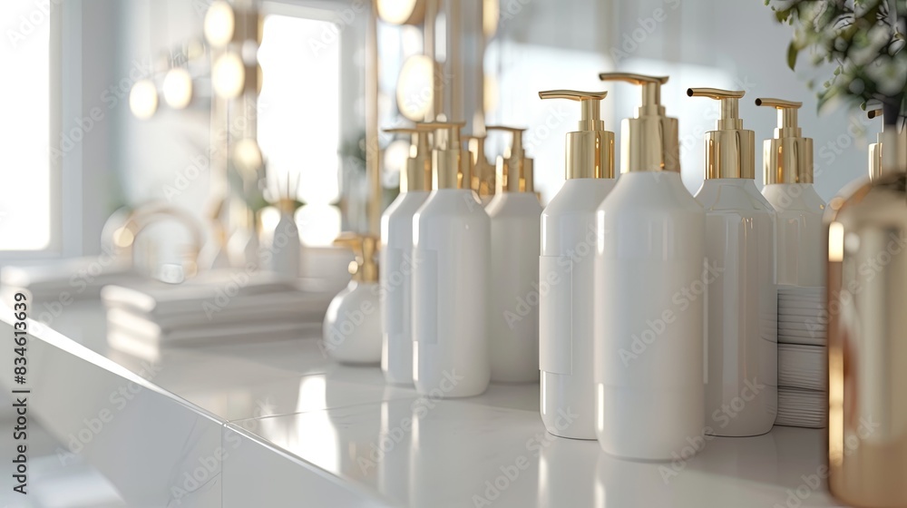 Poster close-up of elegant white shampoo and conditioner bottles with gold pumps on a clean countertop. gen
