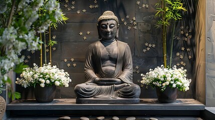 Buddha Statue Sitting in Meditation Surrounded by White Flowers on Wooden Shelf