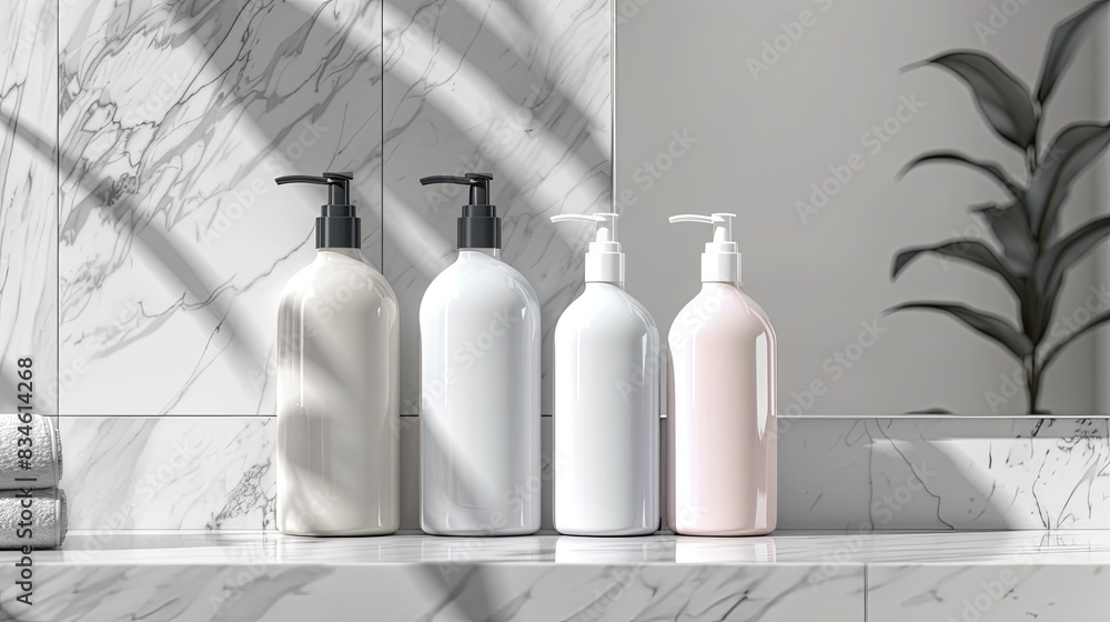 Poster close-up of four stylish shampoo and conditioner bottles arranged on a marble countertop in a bright