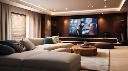 Ultimate Entertainment Haven Modern Media Room Featuring Large Screen TV and Plush Seating, Ideal for Memorable Movie Nights with Loved Ones