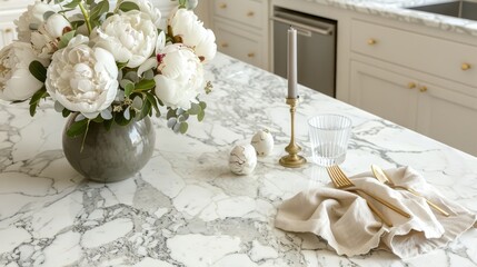  A marble counter top holds a vase of white flowers and a candle, accompanied by another vase of similar blooms