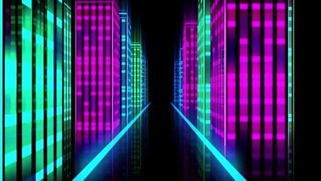 Abstract neon background with defocus at the edges. Neon lines with colorful light move in space. Reflection. Futuristic background