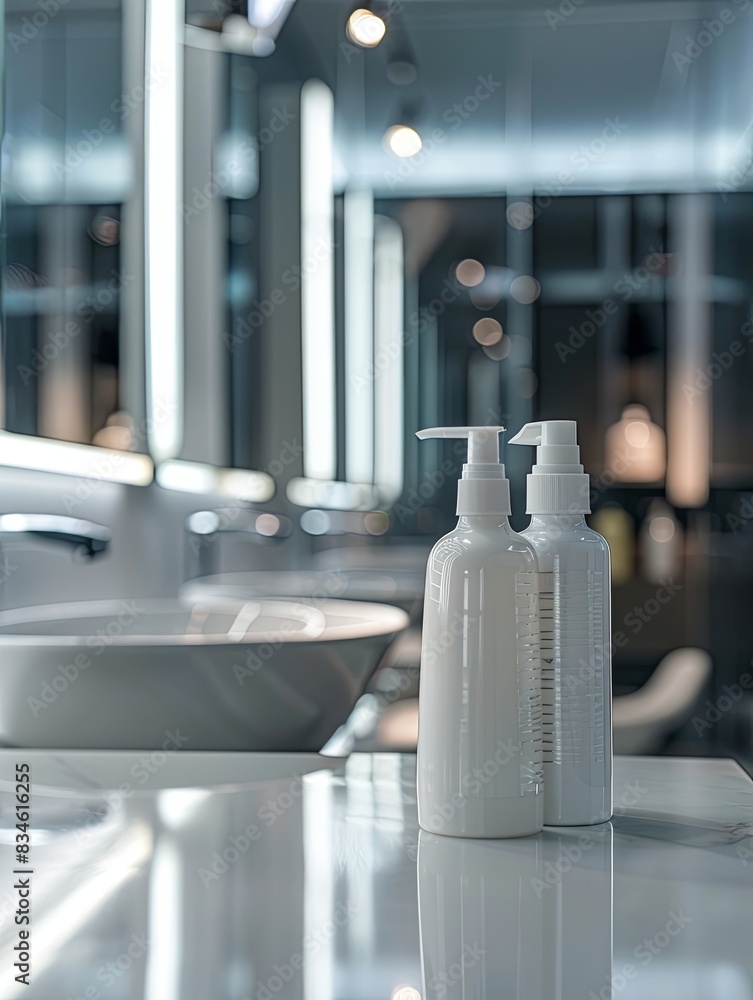 Poster two white bottles of shampoo and conditioner on a countertop in a sleek, modern bathroom setting. ge