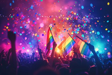 Pride Month celebration poster, vibrant rainbow colors, joyful crowd, waving LGBTQ flags, festive atmosphere, inclusive and diverse