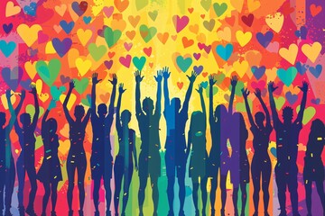 Obraz premium Poster design for Pride Month celebration, vibrant colors, inclusive and diverse representation of LGBTQ community, strong emphasis on unity and rights