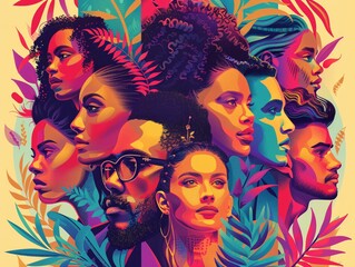 Obraz premium A magazine cover celebrating Pride Month, with a powerful portrait of a diverse group of LGBTQ individuals. The design includes elegant, colorful graphics and inspirational headlines about community