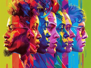 Fototapeta premium A magazine cover celebrating Pride Month, with a powerful portrait of a diverse group of LGBTQ individuals. The design includes elegant, colorful graphics and inspirational headlines about community