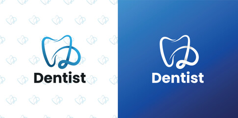 Dental Clinic Logo Template, Vector Designs for Dental Care, Health Dent Icons, Linear Style Tooth, Teeth, Smile Logos, Dentist Branding with Letter D.