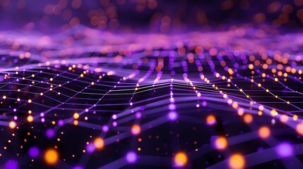 Fototapeta premium High-tech background with purple and orange dots connected in a detailed plexus pattern