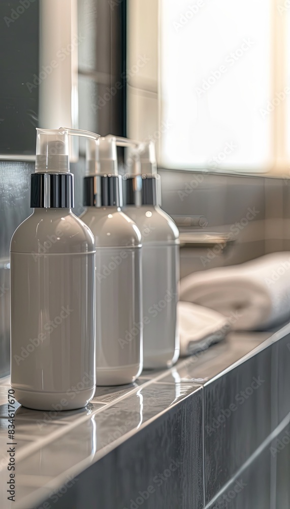 Poster a close-up of three white shampoo and conditioner bottles on a modern bathroom countertop. generativ