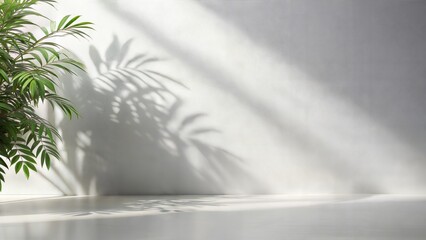 Soft Leaf Shadows on White Wall: A minimalist white wall with soft, blurred shadows from leaves, perfect for a clean and modern product presentation.
