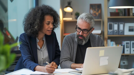 Two busy colleagues working together talking using laptop in the office. Middle age black female and  Latin male.  