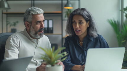 Two busy colleagues working together talking using laptop in the office. Middle age female and  Latin male.  
