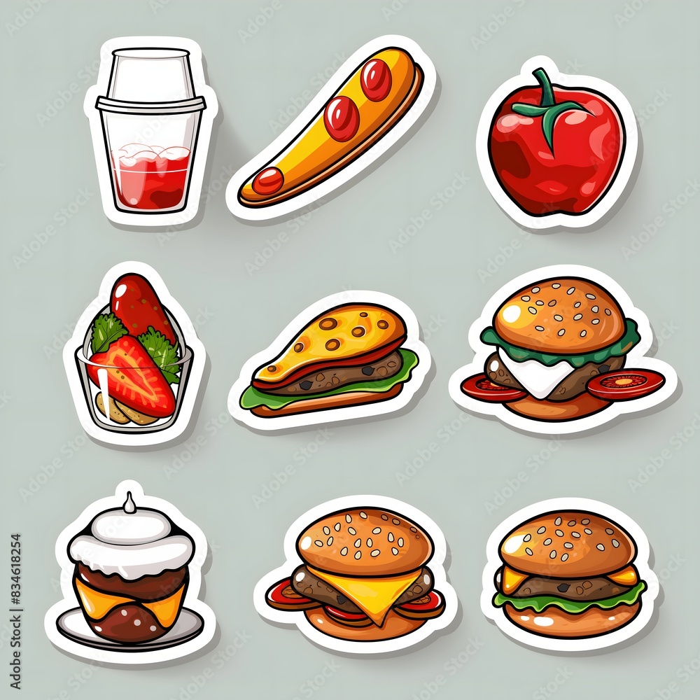 Poster 5. produce a multi-item sticker page with various elements depicted in a striking 3d style, ready fo