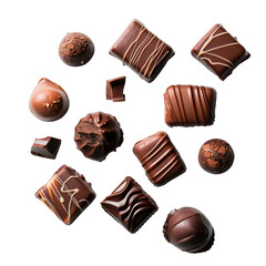 Obraz premium Assorted chocolate pralines and truffles with diverse toppings and fillings, top view, studio shot on white background