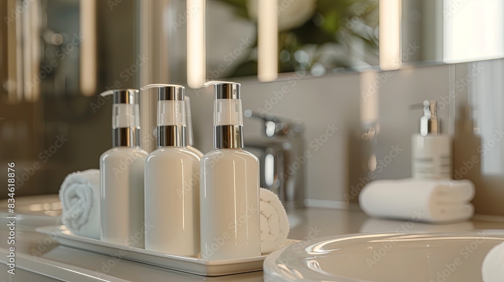 Poster close-up shot of stylish shampoo and conditioner bottles in a clean, modern bathroom setting. genera