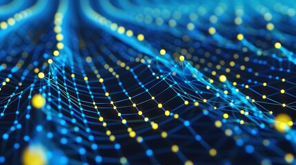 Modern tech background with blue and yellow dots connected in an intricate plexus network