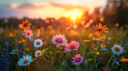 Fototapeta premium Serene Meadow Sunset with Blooming Flowers - Nature's Beauty and Warm Glow