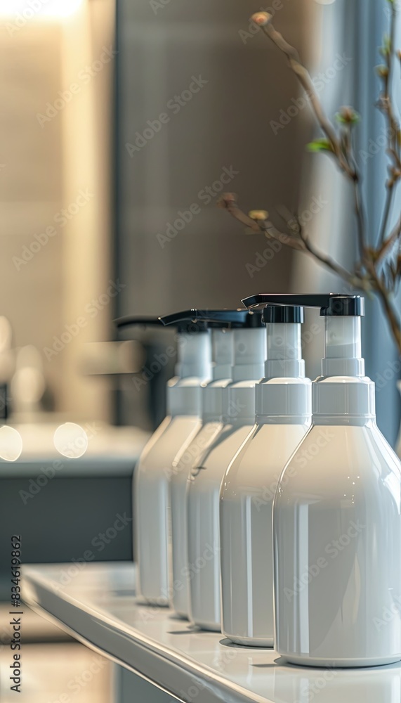 Poster close-up of sleek white bottles of shampoo and conditioner lined up on a shelf. generative ai