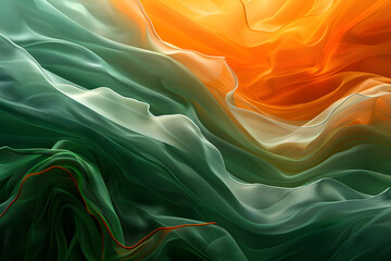 Colors of April, abstract background with waves in dark green, light green, and orange hues, with copyspace for your text. April background banner for special or awareness day, week, or month.