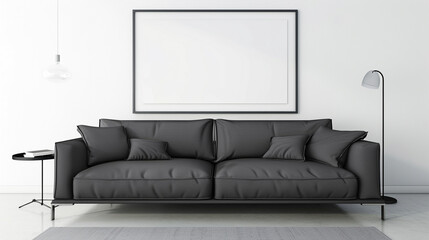 A sleek charcoal grey sofa in the minimalist living room, with the blank white frame on the wall adding a modern touch to the space.