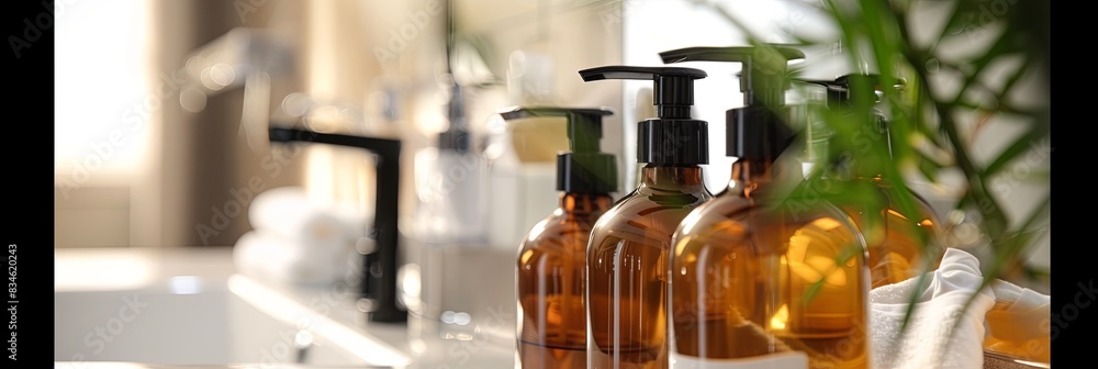 Poster close-up of four stylish amber bottles of shampoo and conditioner in a modern bathroom setting. gene