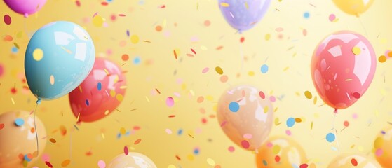 Colorful Balloons and Confetti on Yellow Background for Party Celebrations, Birthday, Festive Event, Cute Decorative Stock Image