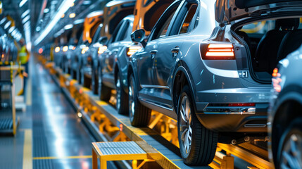 Fototapeta premium Mass Production Assembly Line of Cars. he perspective highlights a row of sleek, shiny vehicles in various stages of assembly, with a focus on the precision and efficiency of the manufacturing process
