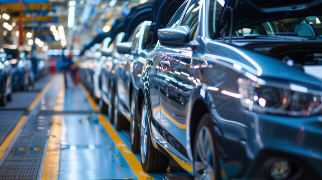 Mass Production Assembly Line of Cars. he perspective highlights a row of sleek, shiny vehicles in various stages of assembly, with a focus on the precision and efficiency of the manufacturing process