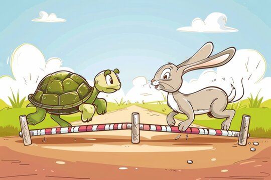Cartoon cute doodles of a tortoise racing against a hare on a track filled with hurdles, Generative AI