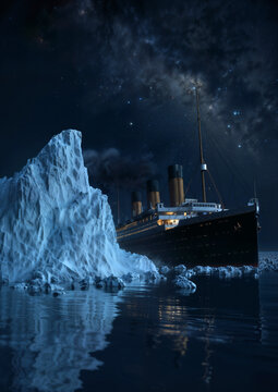 Majestic view of the Titanic ship cruising near a massive iceberg under a starry night sky, highlighting the ominous beauty of the scene