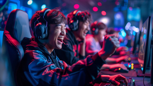 E Sports in Match, pro gamer team with male, wearing headphones, playing esports game on computer, global online streaming 