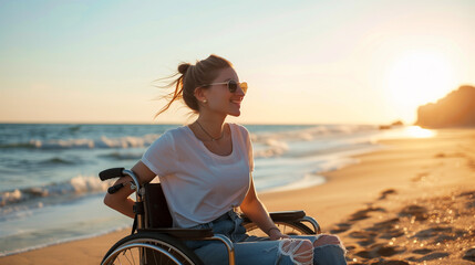  Joyful Young Woman on a Beach in a Wheelchair.A young woman in a wheelchair enjoys a sunny day at the beach. She is smiling and wearing sunglasses, with the ocean waves gently crashing in the backgro