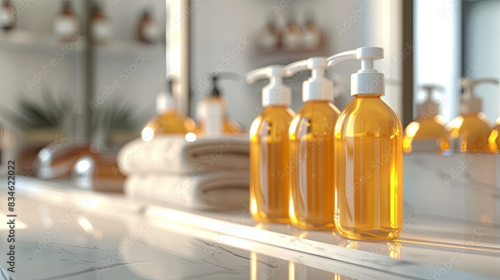 Poster a close-up shot of four amber bottles of shampoo and conditioner with white pumps, neatly arranged o