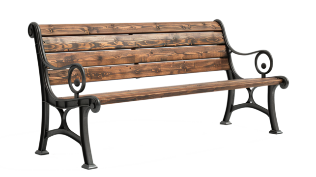 Minimalist Wooden Park Bench with Black Metal Accents on White Background