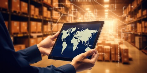 Hands hold tablet with global logistics network app at distribution warehouse. import export transportation provide smart delivery to worldwide customer