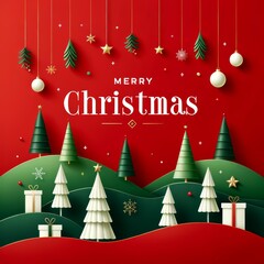 Festive Merry Christmas Greeting with Pine Branches, Gifts, and Ornaments on Red Background
