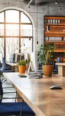 Cozy Modern Coworking Office Interior with Computers, Plants, Large Windows, Daytime Natural Light, and Warm Ambiance